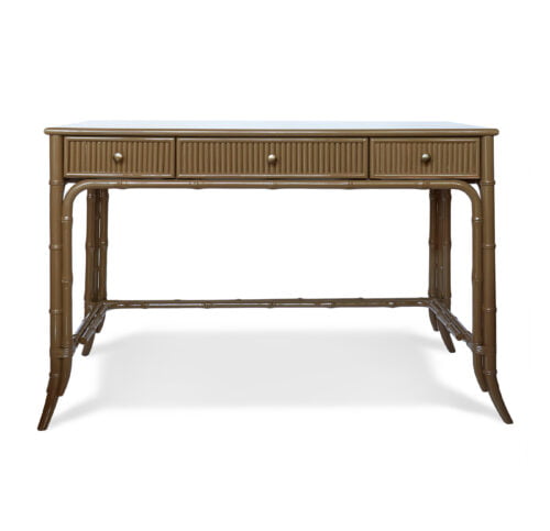 A browny-green-coloured, bamboo-style dressing table with a glossy finish.