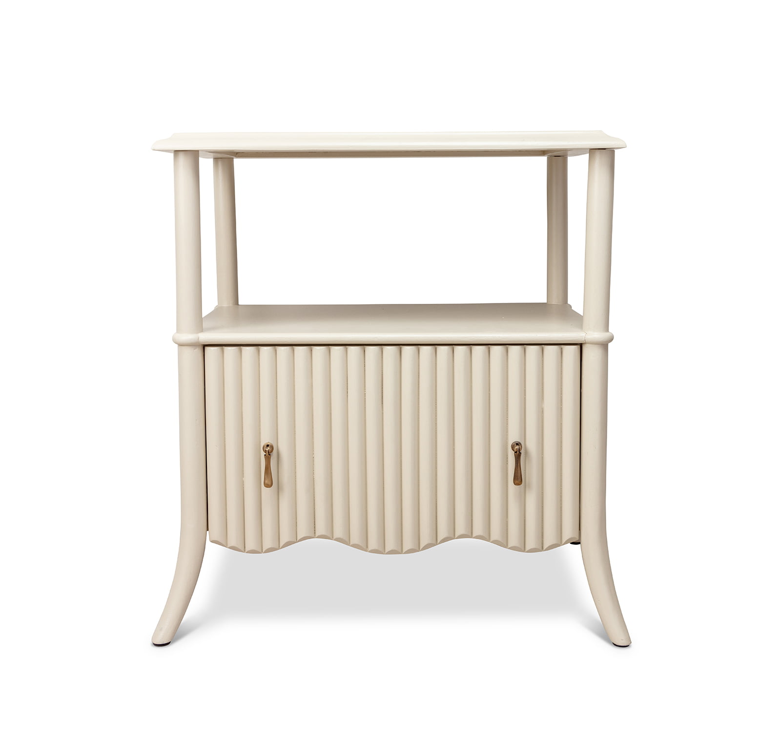 A large white bedside table in a bamboo finish, with a drawer and lower shelf.