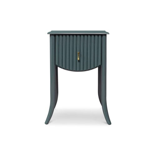 A teal-coloured, petite bedside table with a small drawer.