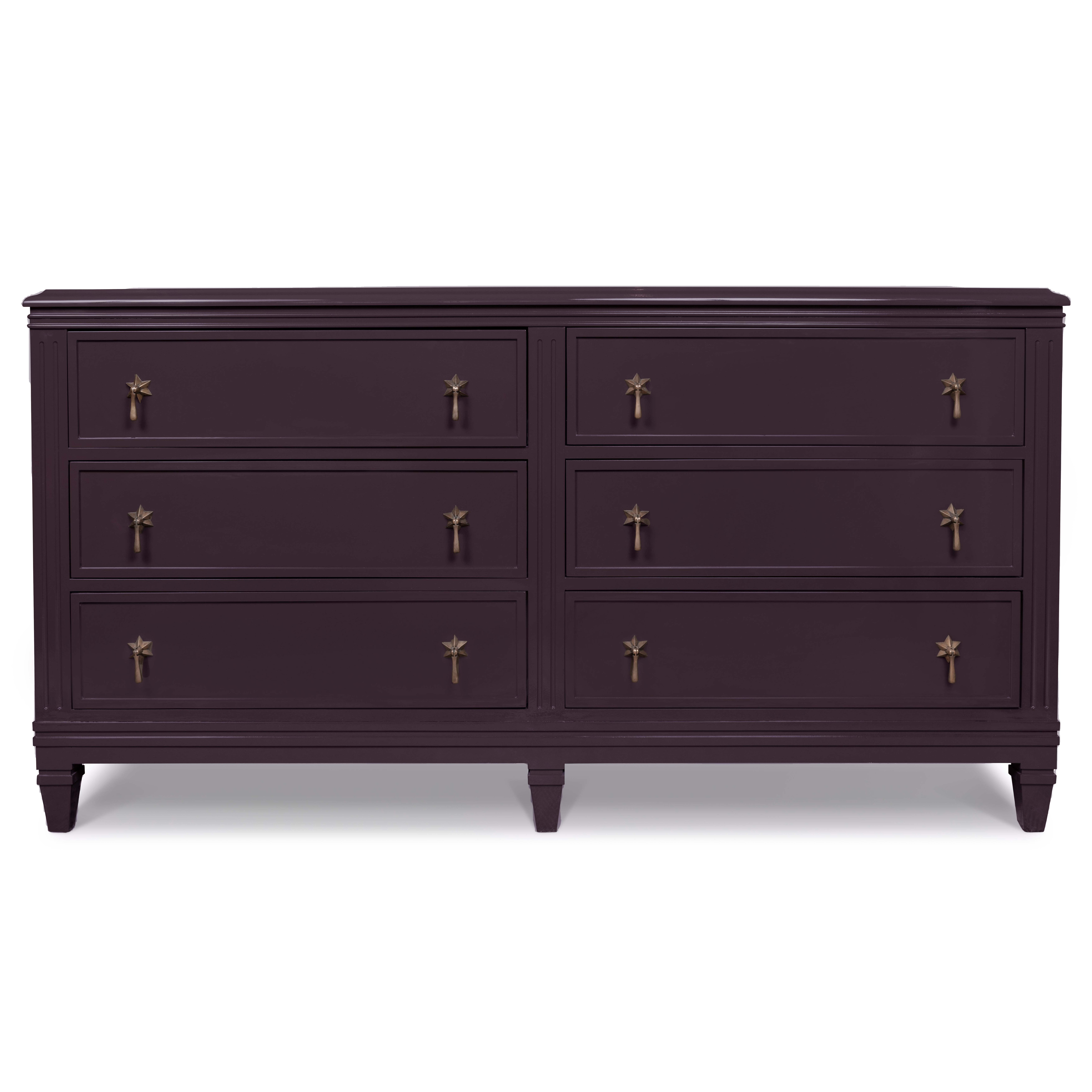 A dark purple-coloured large double chest of drawers with six drawers, each with two star-shaped pull handles.
