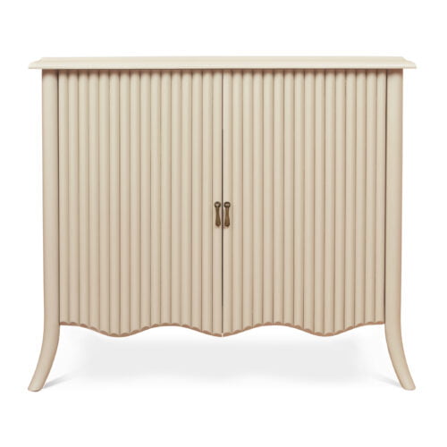 A beige-coloured, two-doored sideboard, each with a pull handle.