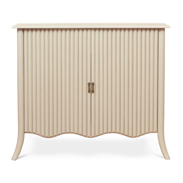 A beige-coloured, two-doored sideboard, each with a pull handle.