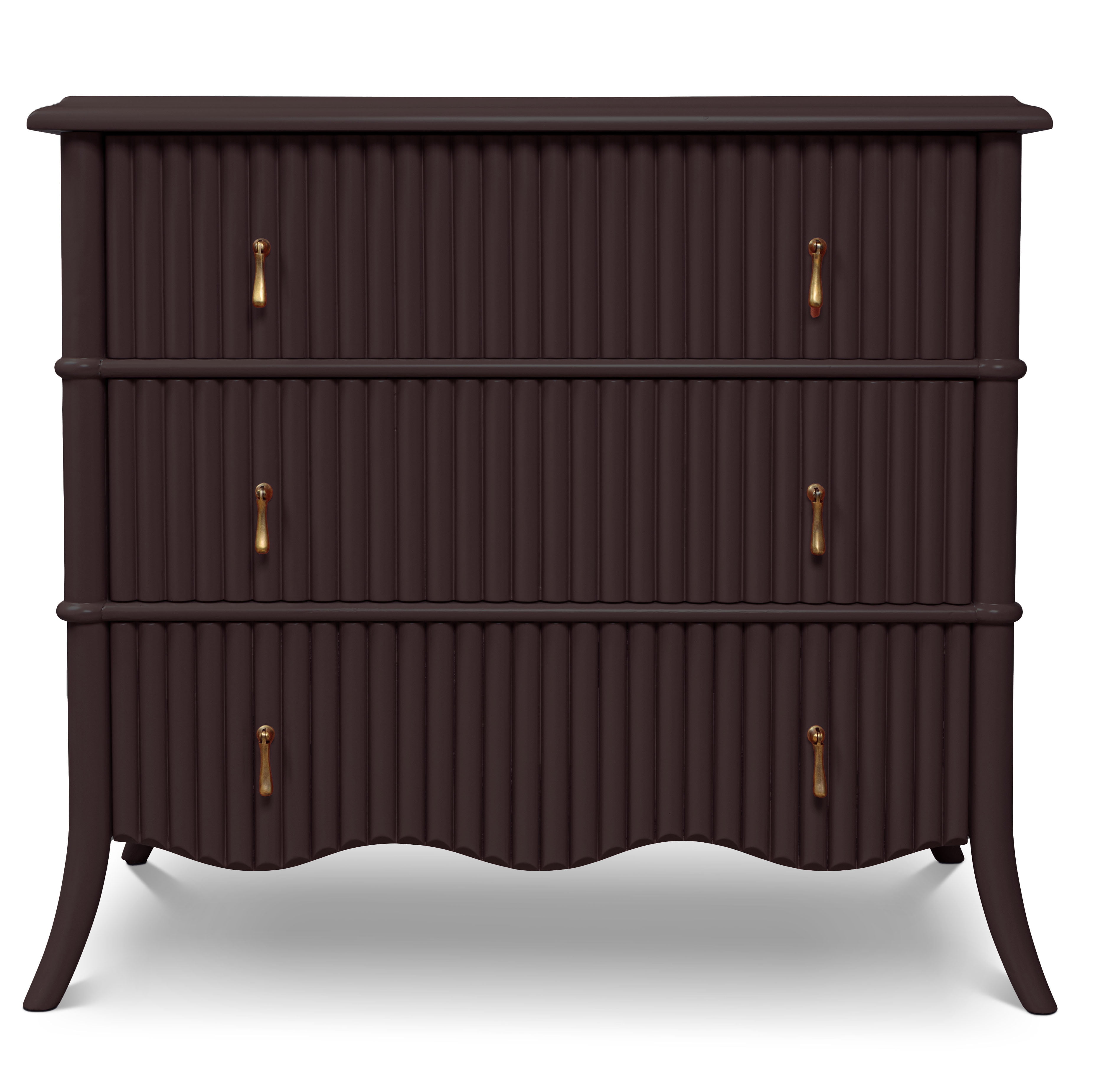 A burgundy-coloured wooden, bamboo-style chest of drawer with pull handles.