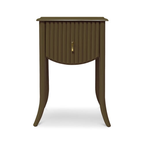 A petite army green-coloured, bamboo-style wooden bedside table with a pull handle.