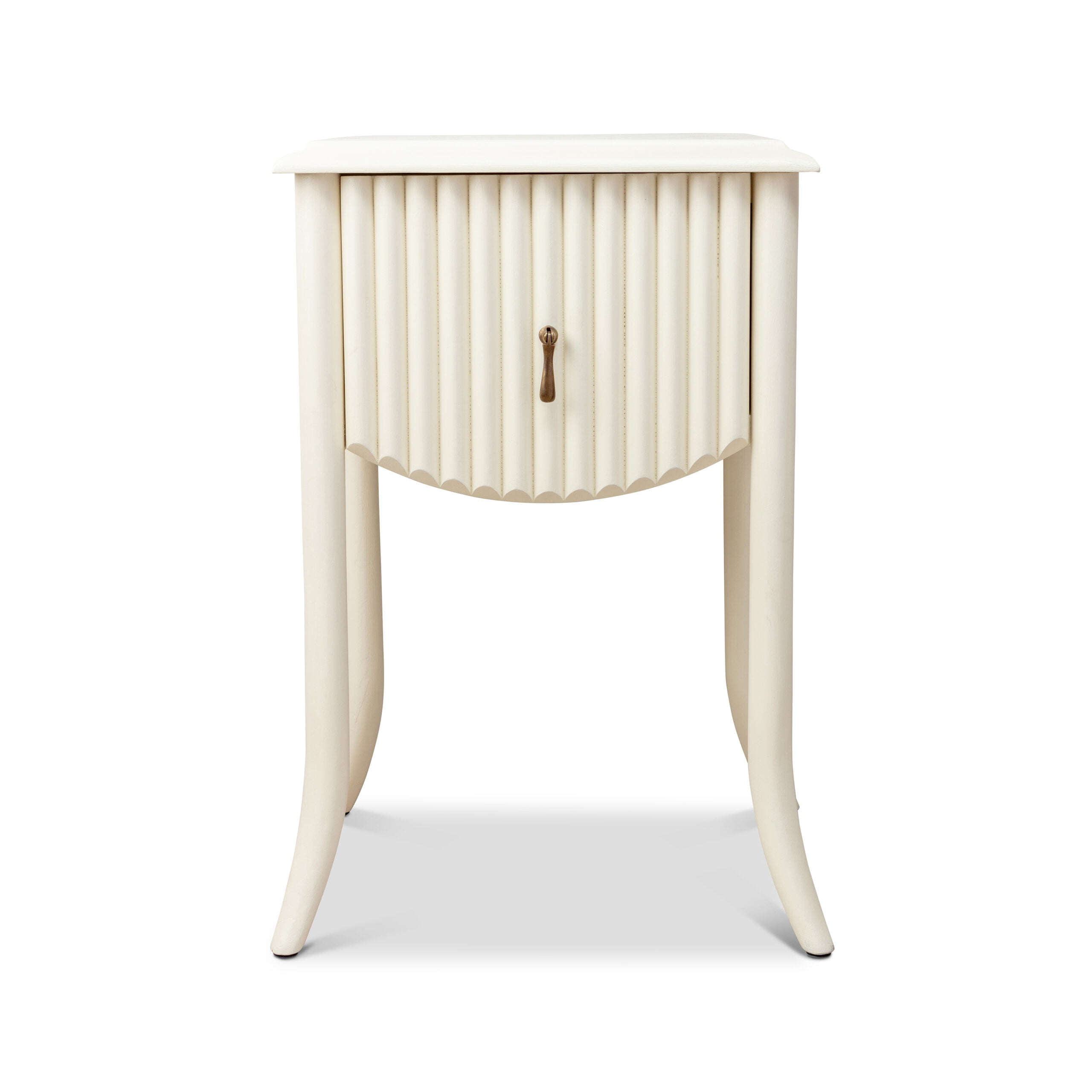 A petite white, bamboo-style wooden bedside table with a pull handle.