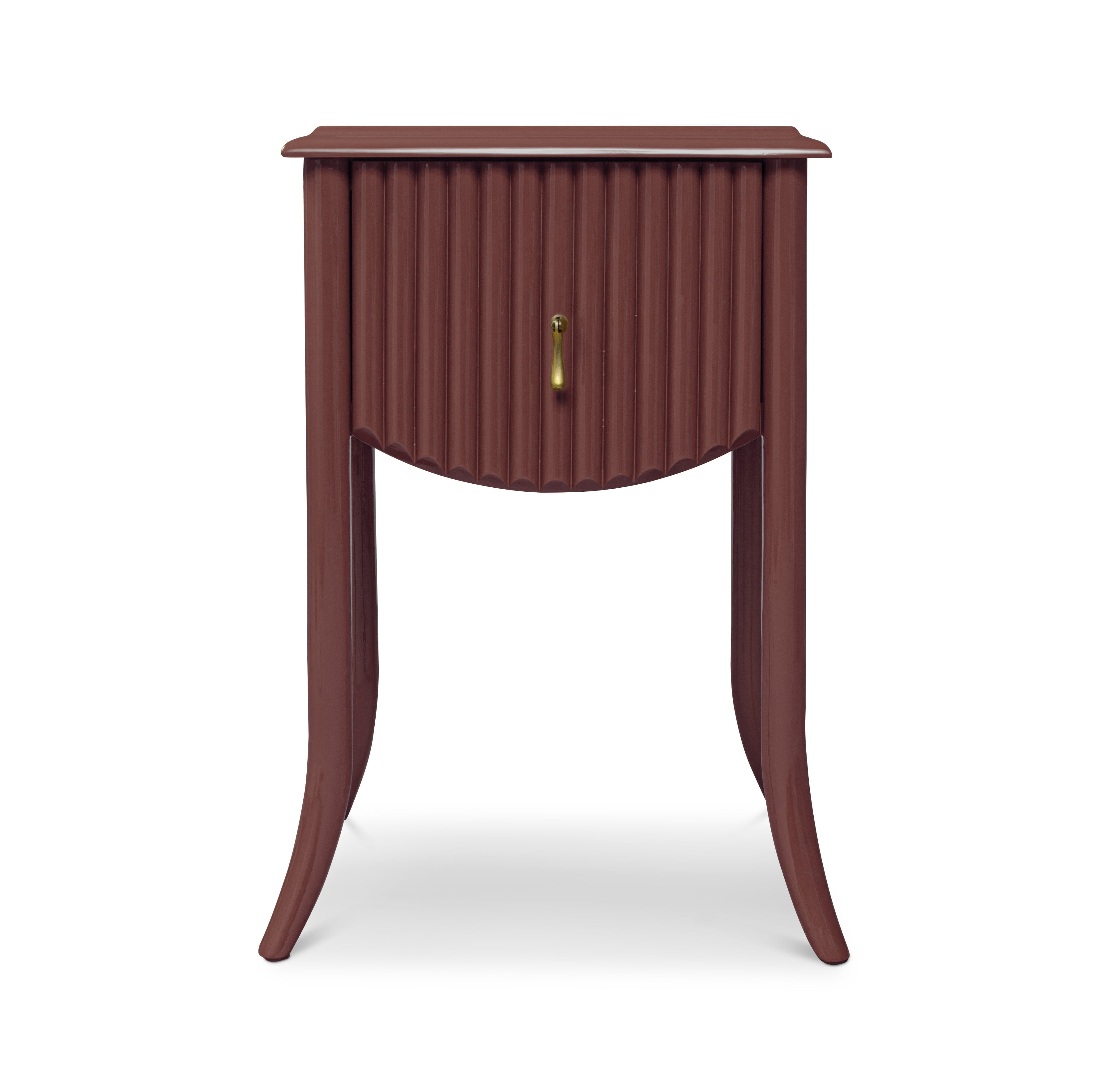 A petite brick-coloured, bamboo-style wooden bedside table with a pull handle.