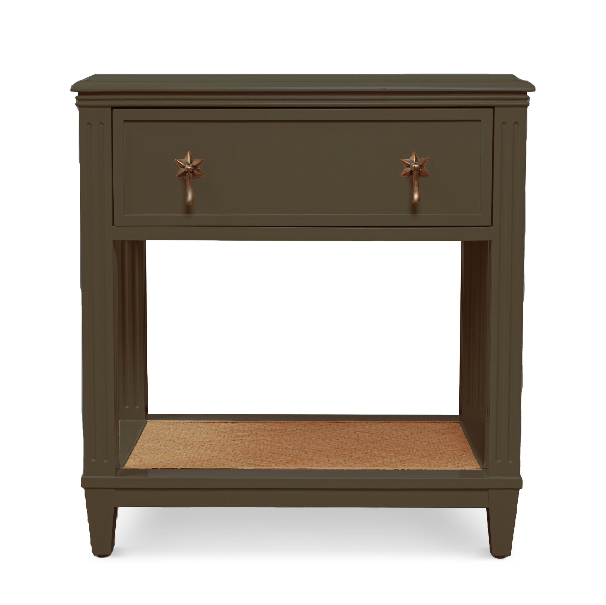 An olive green-coloured wooden bedside table with star-shaped handles.