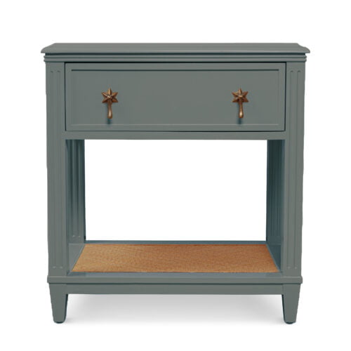 A grey & green mixture coloured wooden bedside table with star-shaped handles.