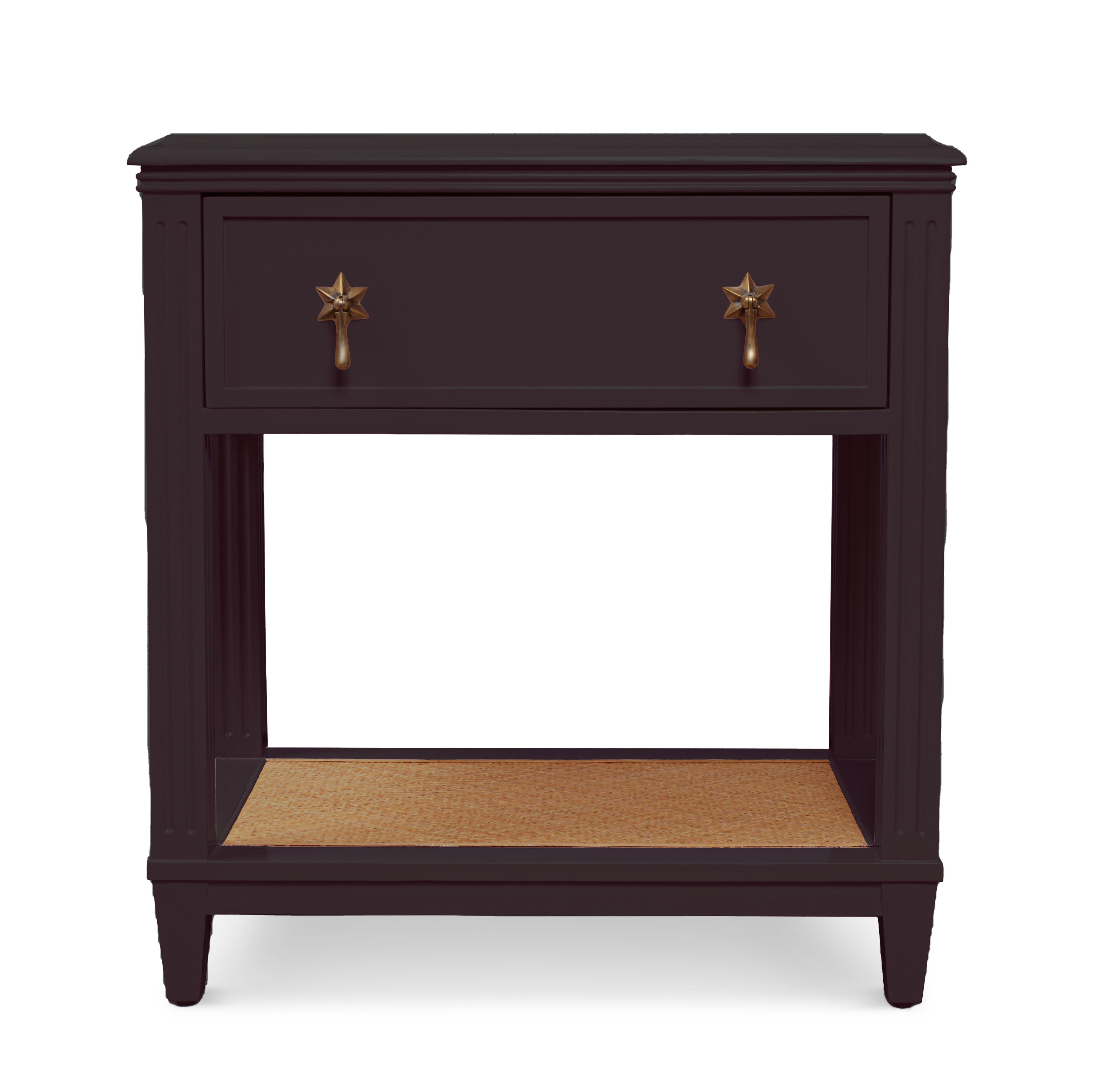 A dark purple bedside table with star-shaped handles.