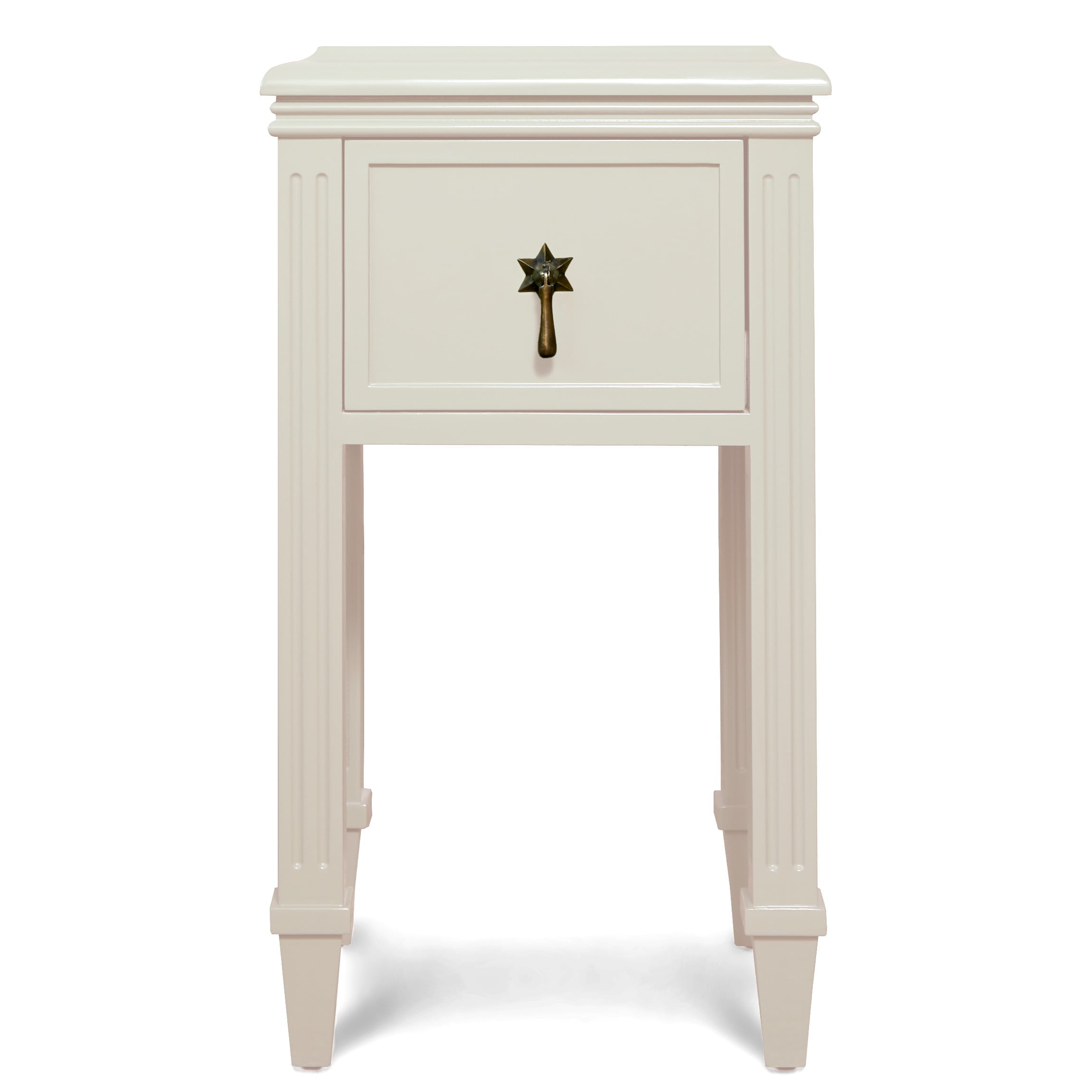 A petite white-coloured wooden chest of drawer with a star-shaped pull handle.
