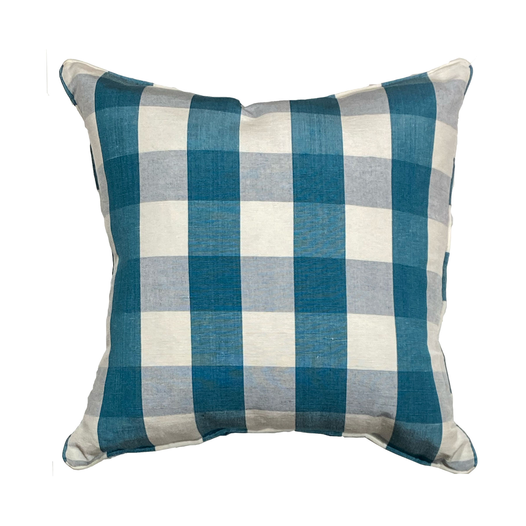 A blue and white chequered cushion.