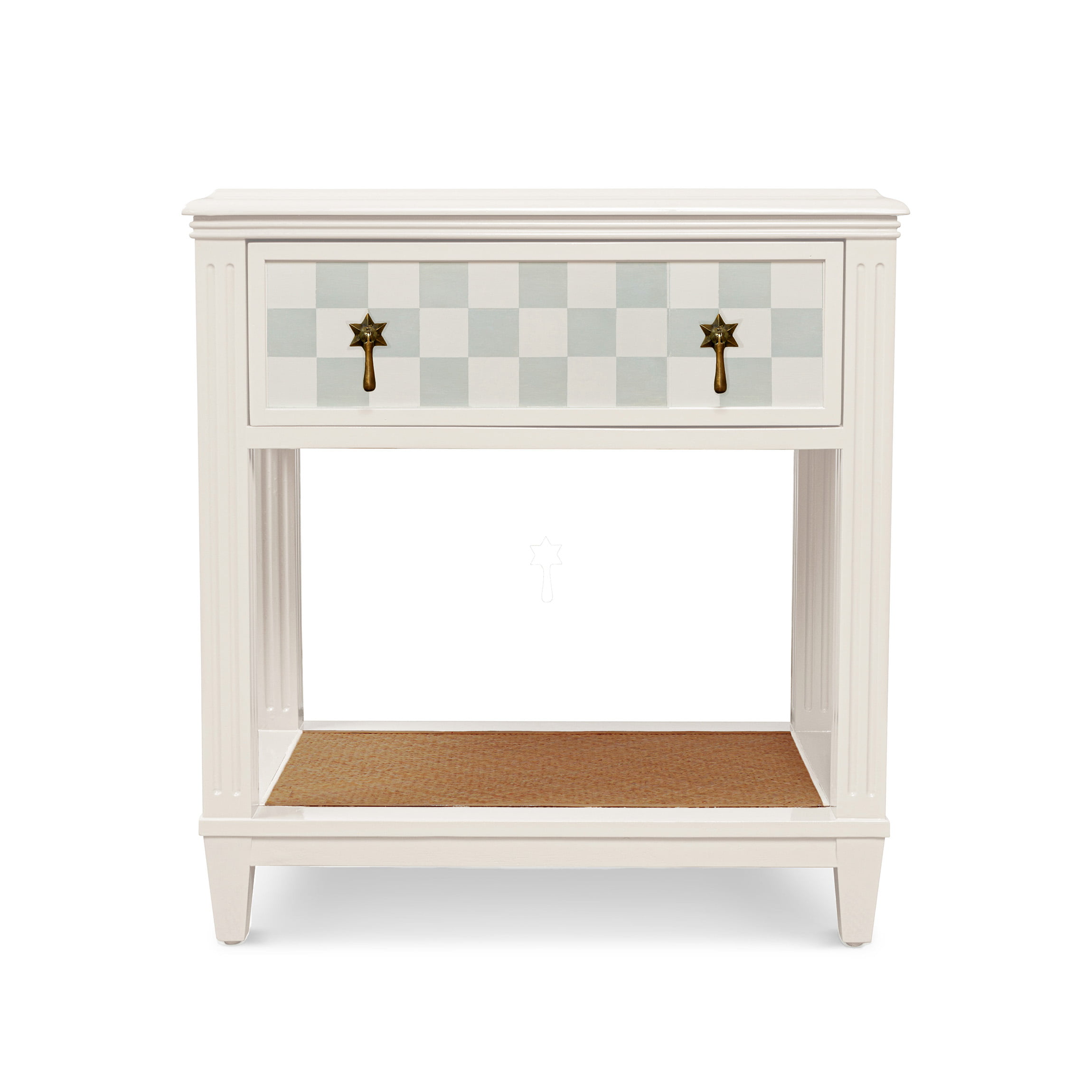 A faded-white bedside table with a bespoke checkerboard painted design and lower shelf.