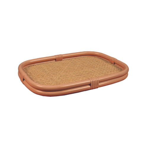 A brick-coloured rattan tray on a white background.